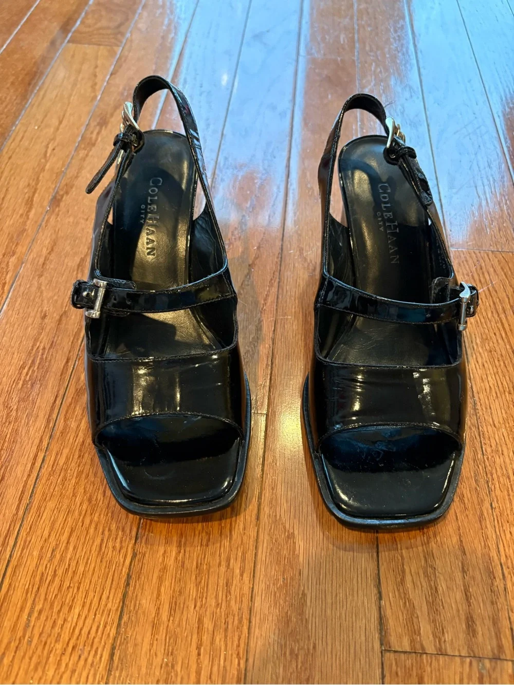 Patent Leather Black Block Heel Slingback Sandals by Cole Haan